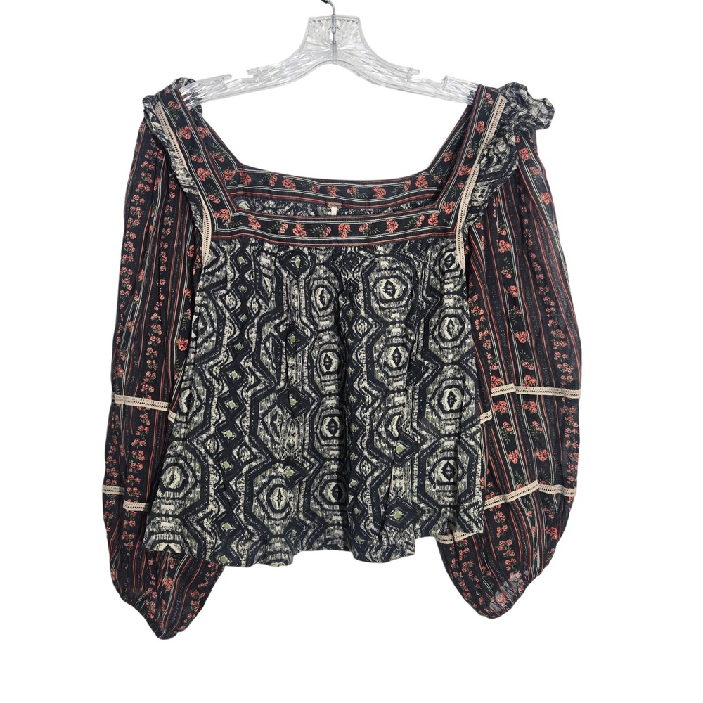 Free People Small Mixed Print Boho Blouse Black Red Floral Geometric OB1013594